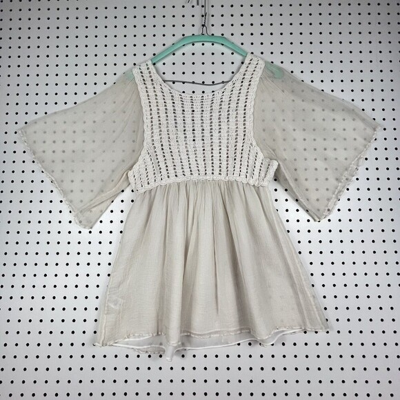 XXI 100% Silk and Crochet Boho Blouse Size Medium Off White Bell Sleeve - Picture 2 of 10